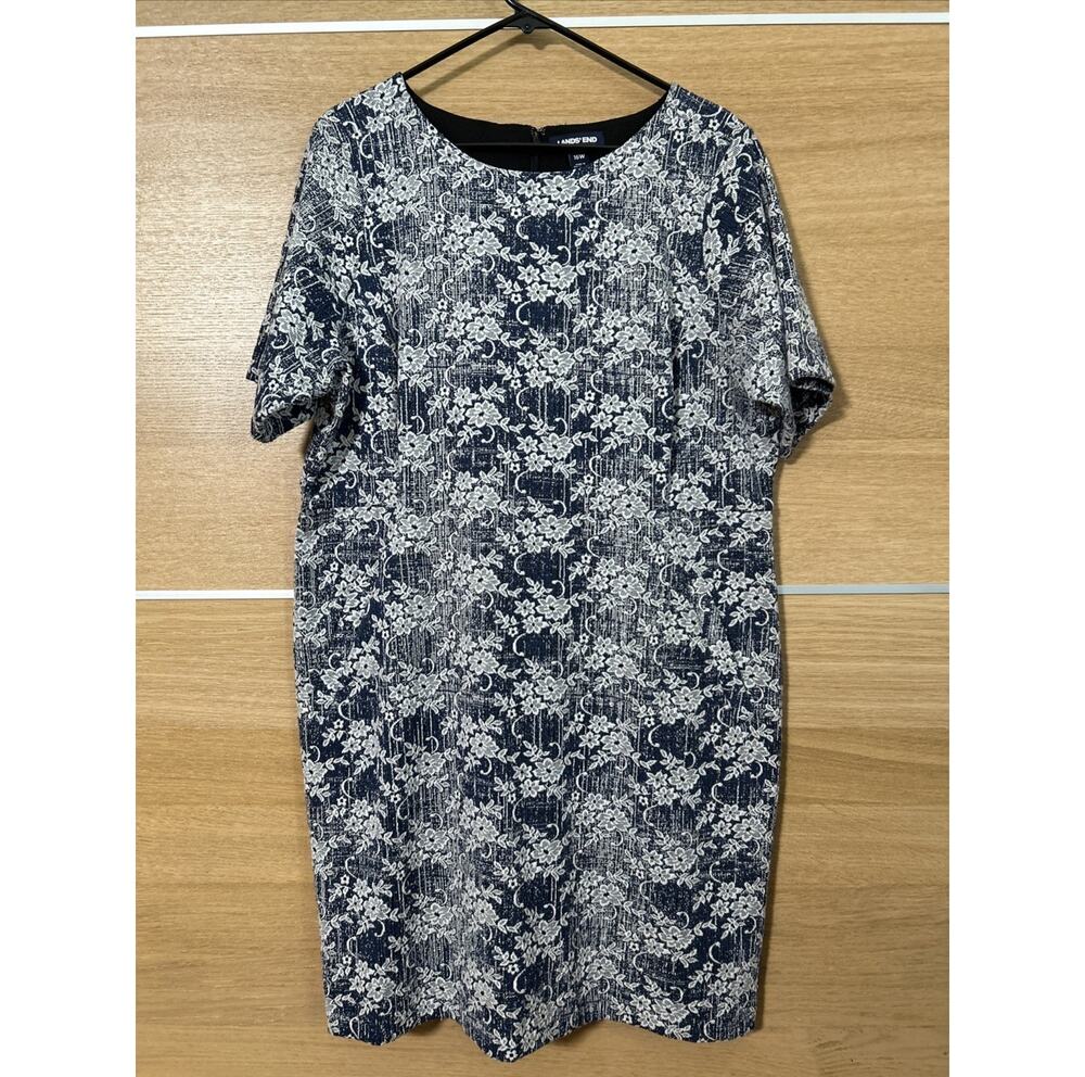 Lands' End Women’s Size 16W Navy Blue White Floral Sheath Stretch Dress Casual